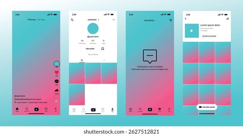 Modelo de maquete de interface de usuário do TikTok com player de vídeo, como, comentário, botões de compartilhamento, layout de feed, página de perfil e tela de gravação. Interface de aplicativo móvel para conteúdo de vídeo curto. Ilustração vetorial.	