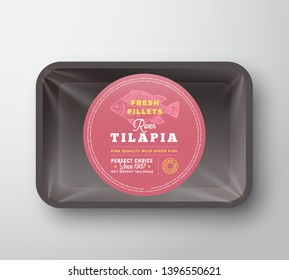 Tilapia Fillets. Abstract Vector Plastic Tray with Cellophane Cover Packaging Design Round Label or Sticker. Retro Typography and Hand Drawn Fish Silhouette Background Layout. Isolated.
