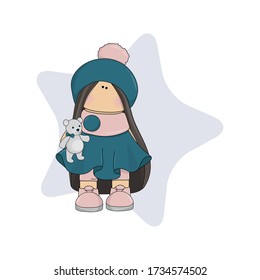 Tilda doll with a bear toy. Cute vector illustration