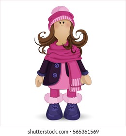 Tilda doll. Girl in winter clothes: pink hat with pom-pom, a warm scarf, boots, and a blue coat. Vector cartoon character on a white background. Scandinavian rag dolls. Isolated.