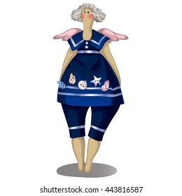 Tilde doll in the form of a fat woman in blue dress with buttons made of shells isolated on a white background. Vector illustration.