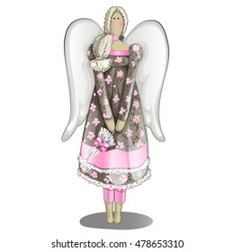 Tilde doll in the form of a girl in a bright white dress with angel wings isolated on white background. Vector illustration.