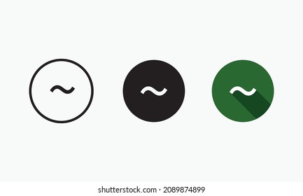 Tilde Sign Symbol Icon in Circle of 3 Types : White Outline, Black Glyph and Green Color with Shadow, Isolated on White Background, Vector Image Template