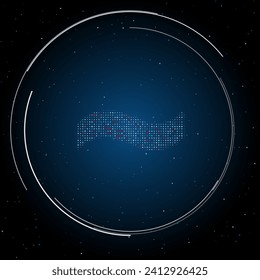 The tilde symbol filled with white dots. Pointillism style. Some dots is red. Vector illustration on blue background with stars