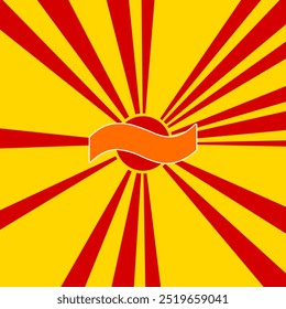 Tilde symbol on a background of red flash explosion radial lines. The large orange symbol is located in the center of the sun, symbolizing the sunrise. Vector illustration on yellow background