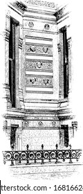 Tilden's House is Calvert Vaux Architect, Italian Renaissance style elements, rolling steel doors, vintage line drawing or engraving illustration.