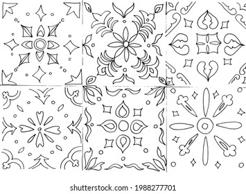 Tile azulejo patrón en el estilo folk portugal estilizado boceto de doodle dibujado a mano impresión textil. elementos aislados en una línea gráfica de fondo blanco