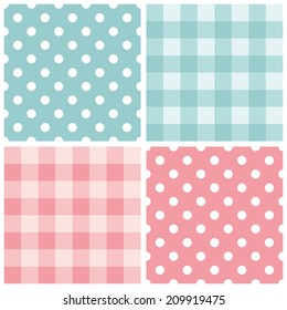 Tile baby pink and blue vector pattern set with polka dots and checkered plaid