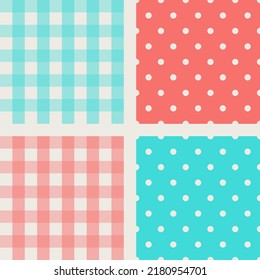 Tile baby pink and blue vector pattern set with polka dots and checkered plaid