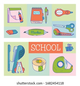 Lehnen Sie sich zurück zum Schulsymbol. Konzept-Flyer und Plakat mit Schulbedarf: Noten, Stift, elastisch, weiß, Radiergummi, Band, Marker, Stapelentferner. Unterrichtsartikel. Farbiger Linienstil. Vektorillustration.
