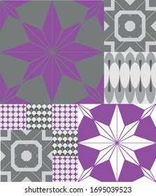 Tile background with purple,  green and  grey geometric mosaic pattern