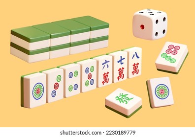 Tile based game Mahjong in rows and stack. 3D Illustration of Chinese dice, tiles of dots and characters in row, and tile stacks facing downward. Text: Fa. Liuwan. Qiwan. Bawan.