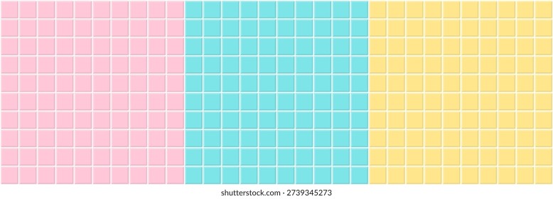 Tile bathroom set with yellow, blue and pink colors background. Mosaic wall, floor, bath or kitchen interior wallpaper. Seamless tile grid bg, toilet interior room or pool with square mosaic surface.