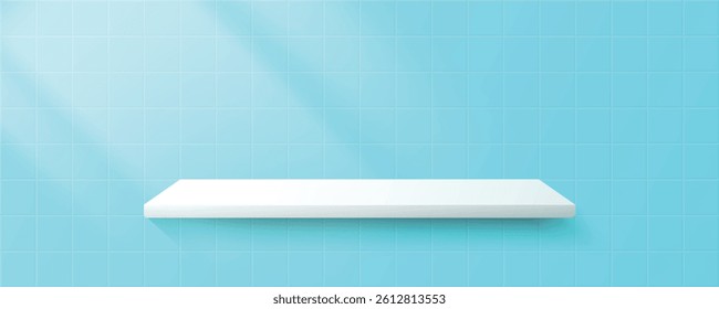 Tile bathroom wall with shelt and light overlay.
