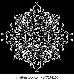 Tile with black and white floral pattern. Decorative design element. Handmade.