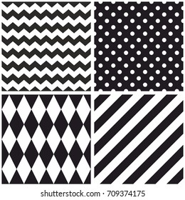 Tile black and white vector pattern with chevron zig zag, polka dots and stripe background