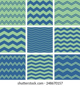 Tile blue and green zig zag vector pattern set
