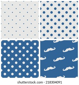 Tile blue, grey and white vector pattern set with mustache and polka dots background