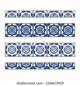 Tile border pattern vector seamless. Blue and white floor mosaic ornament texture. Portuguese azulejos, sicily italian majolica, mexican talavera, spanish, moroccan arabesque motifs.