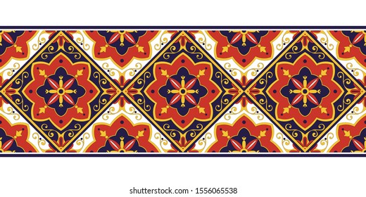 Tile border pattern vector seamless. Ceramic mosaic ornament texture. Portugal azulejo, spanish, mexican talavera, sicily italian majolica, moroccan, damask, turkish arabesque, vintage baroque motif.