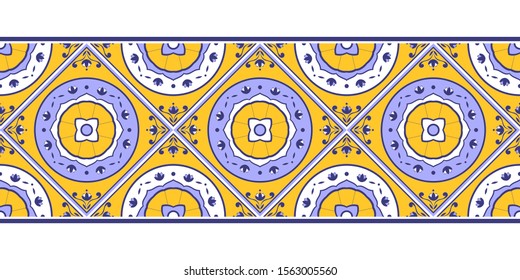 Tile border pattern vector seamless. Ceramic circle floral ornament texture. Portuguese azulejos, spanish mosaic, mexican talavera, italian sicily majolica, moroccan arabesque motifs.