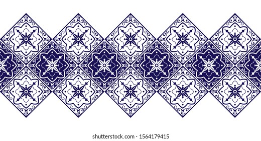 Tile border pattern vector seamless. Ceramic retro ornament texture. Portuguese azulejos, sicily italian majolica, mexican talavera, spanish mosaic, moroccan, damask, delft dutch motifs.