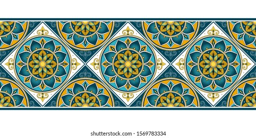 Tile border pattern vector seamless. Ceramic vintage ornament texture. Portugal azulejos, spanish mosaic, mexican talavera, sicily italian majolica, moroccan, damask, turkish arabesque motifs.