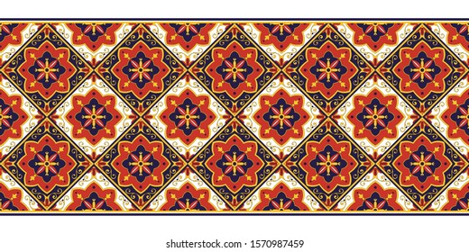 Tile border pattern vector seamless. Ceramic blue and red ornament texture. Portuguese azulejos, spanish mosaic, mexican talavera, sicily italian majolica, moroccan, damask, turkish arabesque motifs.