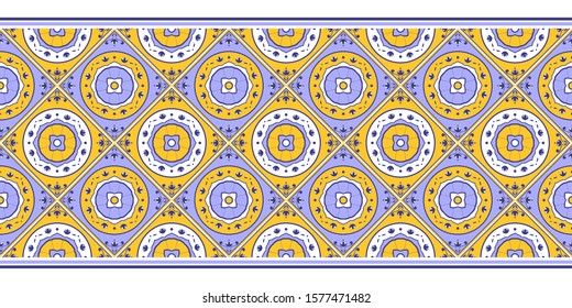 Tile border pattern vector seamless. Ceramic vintage floor ornament texture. Portuguese azulejos, spanish mosaic, mexican talavera, italian sicily majolica, moroccan arabesque motifs.