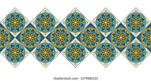 Tile border pattern vector seamless. Ceramic blue, green and yellow ornament texture. Portugal azulejos, spanish mosaic, mexican talavera, sicily italian majolica, moroccan, turkish arabesque motifs.