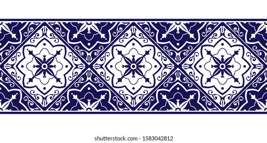 Tile border pattern vector seamless. Ceramic blue and white ornament texture. Portuguese azulejos, sicily italian majolica, mexican talavera, spanish mosaic, moroccan, damask, delft dutch motifs.