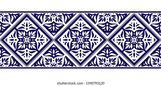 Tile border pattern vector seamless. Ceramic star shape ornament texture. Portuguese azulejos, sicily italian majolica, mexican talavera, spanish mosaic, moroccan, delft dutch motifs.