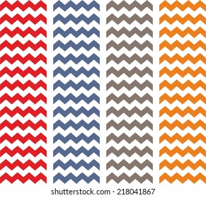 Tile chevron pattern set with orange, grey, blue and red zig zag on white background