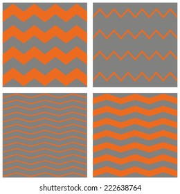 Tile chevron vector pattern set with orange zig zag on grey background