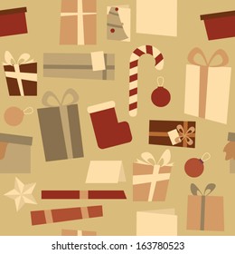 A tile of Christmas themed elements, decorations and presents arranged to form a seamless pattern. Ideal for gift wraps, wallpapers and background design.