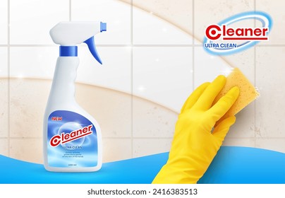 Tile cleaner 3d vector promo banner with hand in rubber glove rubs dirty tiled wall with specialized solution effectively remove grime, stains, and soap scum, restores shine and cleanliness to surface