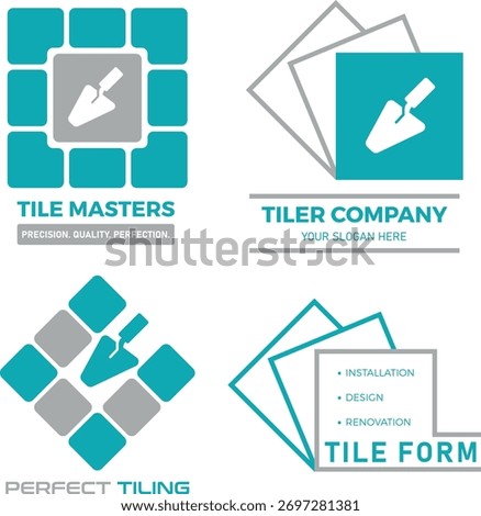 Tile Company Logo Vector Set. Professional tiler and construction logo set with geometric tile designs and trowel icons for renovation and branding use.