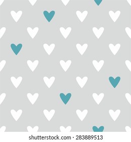 Tile cute vector pattern with hand drawn blue and white hearts on grey background