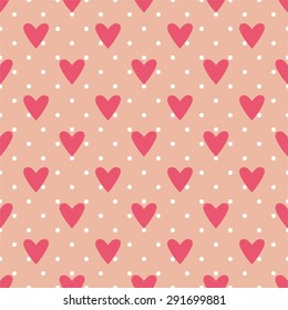 Tile cute vector pattern with hearts and polka dots on pastel pink background