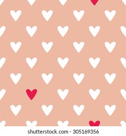 Tile cute vector pattern with white and red hearts on pastel pink background