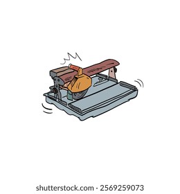 Tile cutter drawing in cartoon comic style. Vector illustration art.