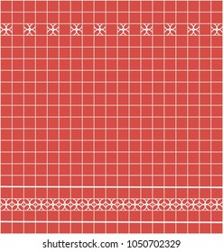 Tile decoration. Red square tiles with decor. Interior design fot kitchen, bathroom, toilet. Background pattern. Decor element.
