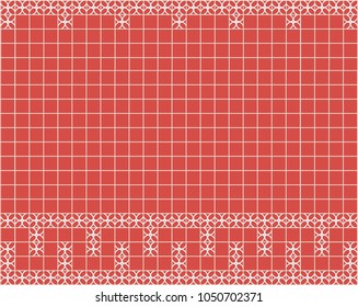 Tile decoration. Red square tiles with decor. Interior design fot kitchen, bathroom, toilet. Background pattern. Decor element.
