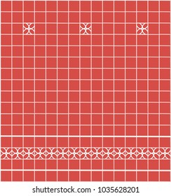 Tile design. Red square tiles with decor. Interior design fot kitchen, bathroom, toilet.
