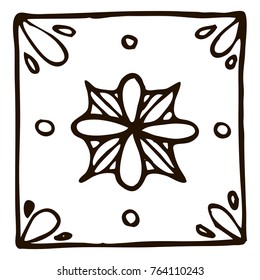 Tile with doodles  in hand drawn style. For print, ceramic, creative design. Vector illustration. Isolated on white