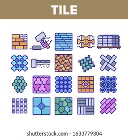 Tile Floor Material Collection Icons Set Vector. Brick On Pallet And Hammer, Different Form And Style Flooring Tile, Parquet And Wall Concept Linear Pictograms. Color Contour Illustrations