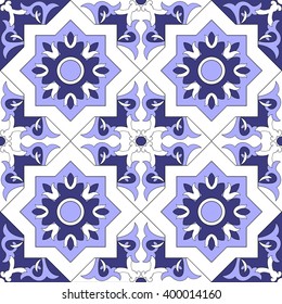 Tile floor - ornamental pattern seamless vector blue and white color. Azulejo, portuguese tiles, spanish, moroccan, talavera, turkish or delft dutch tiles design with flowers motifs.