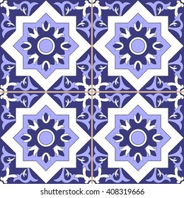 Tile floor - ornamental pattern seamless vector blue and white color. Azulejo, portuguese tiles, spanish, moroccan, talavera, turkish or delft dutch tiles design with flowers motifs.