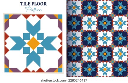 Tile floor seamless pattern. Repeating design element for printing on fabric. Blue blooming flowers. Symbol of spring and summer season.