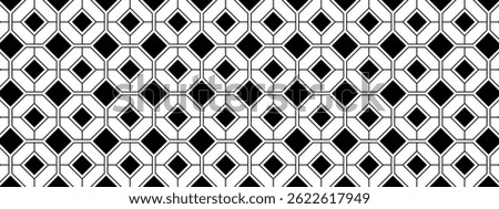 Tile floor or wall pattern with hexagon and square shapes. Ceramic mosaic texture in vintage style. Cafe or restaurant interior ornament. Black and white geometric print. Vector graphic illustration.